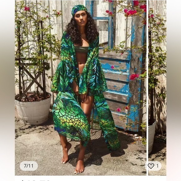 New Miss Boho Tropical Hawaiian Mermaid Kimono Duster Tunic Coverup Green Blue - Picture 1 of 16